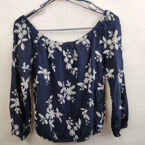 Aeropostale Blue White Floral Embroidered Off Shoulder BOHO Blouse Small